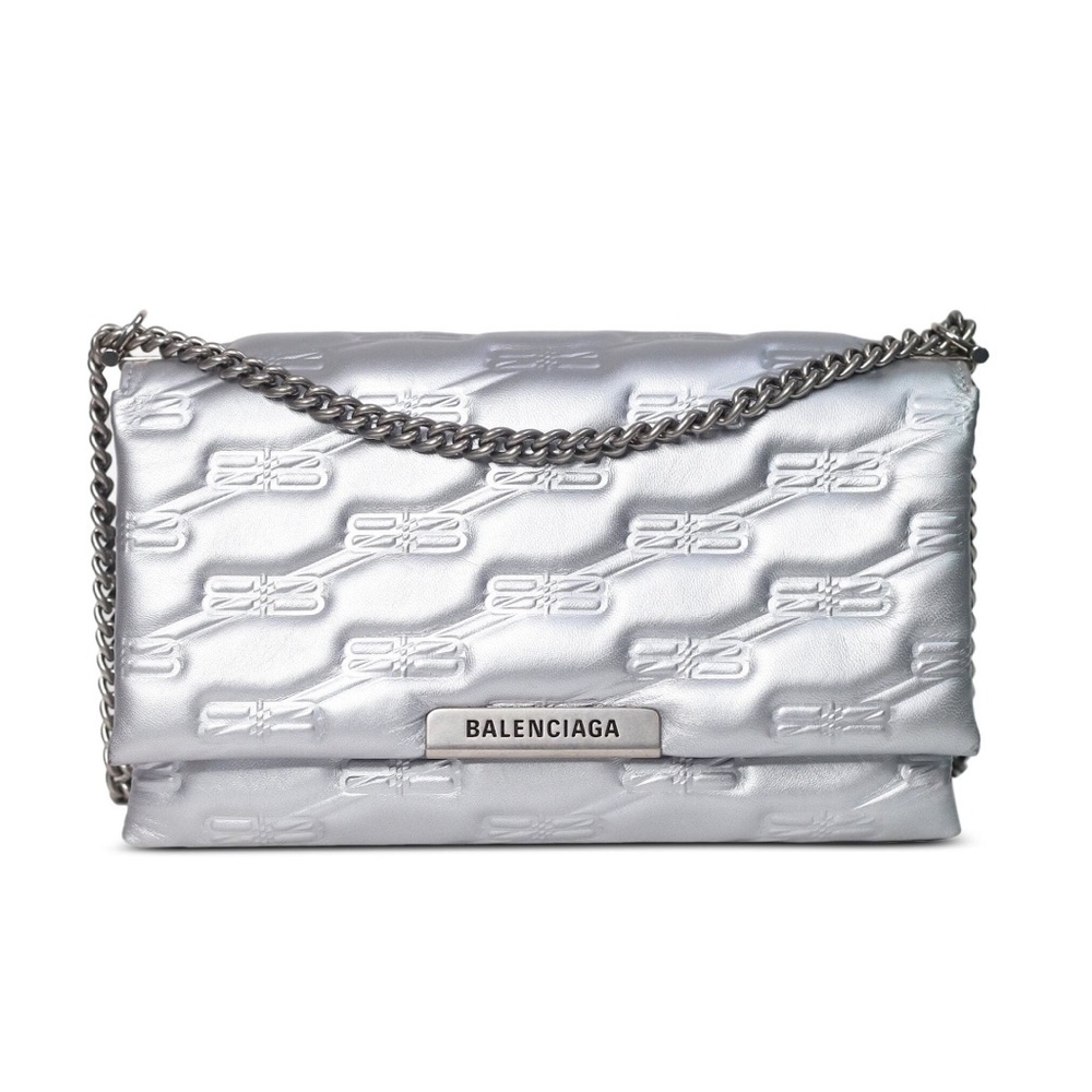 NEW BALENCIAGA TRIPLET MONOGRAM EMBOSSED LEATHER SHOULDER BAG - SILVER